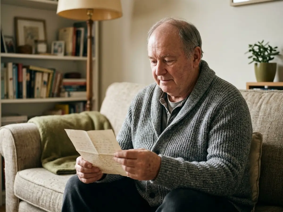 Hombre mayor leyendo una carta en el sofá de su casa
