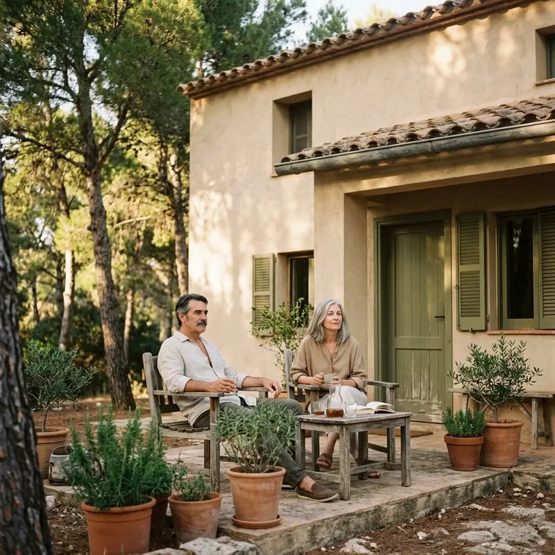Pareja de mediana edad en el porche de su chalet con pinos