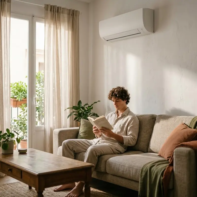 Hombre joven leyendo en el sofá de un piso luminoso de Valencia
