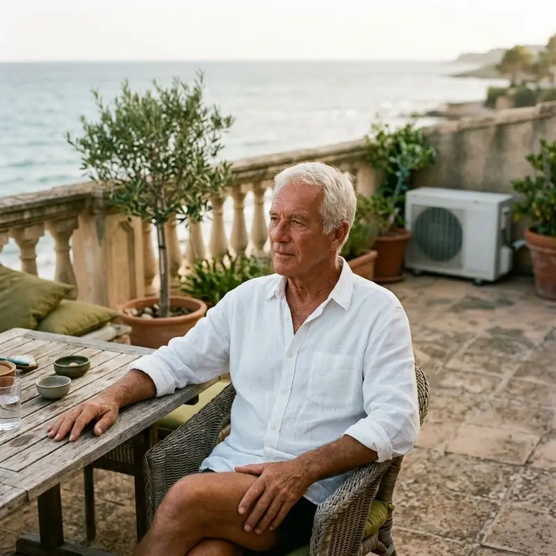 Hombre mayor en la terraza de un apartamento con vistas al mar