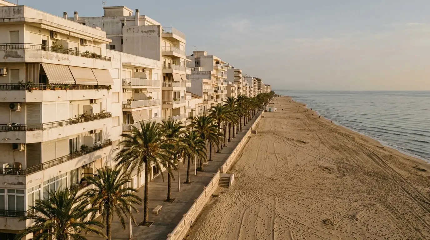 Terrazas de un edificio de apartamentos frente al mar en una playa de la Safor