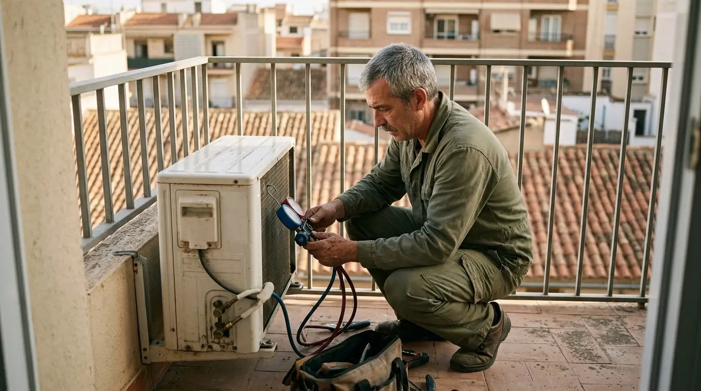 Técnico con manómetros junto a la máquina exterior de un aire en una terraza