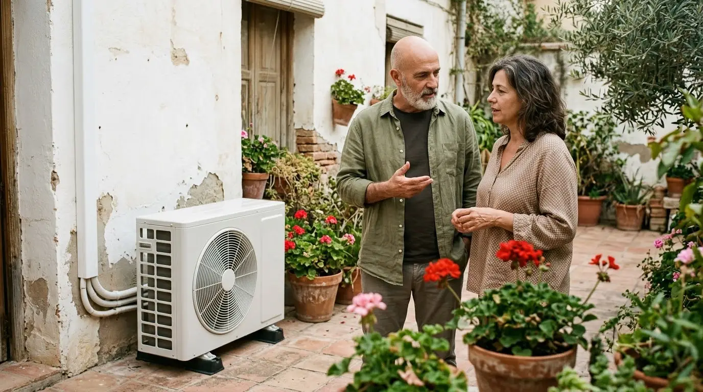 Pareja de mediana edad mirando la unidad exterior de aerotermia en el patio de su casa