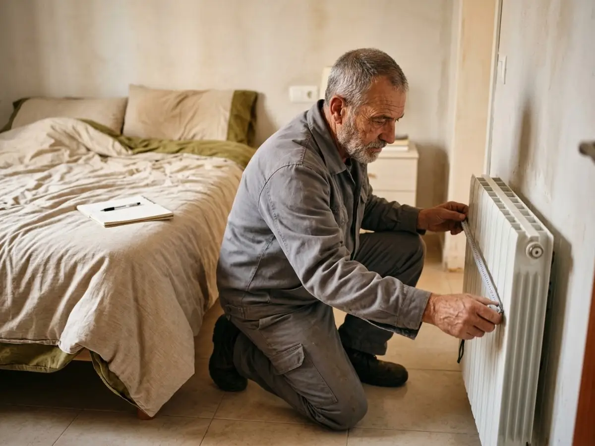 Técnico midiendo un radiador de aluminio en el dormitorio de un piso