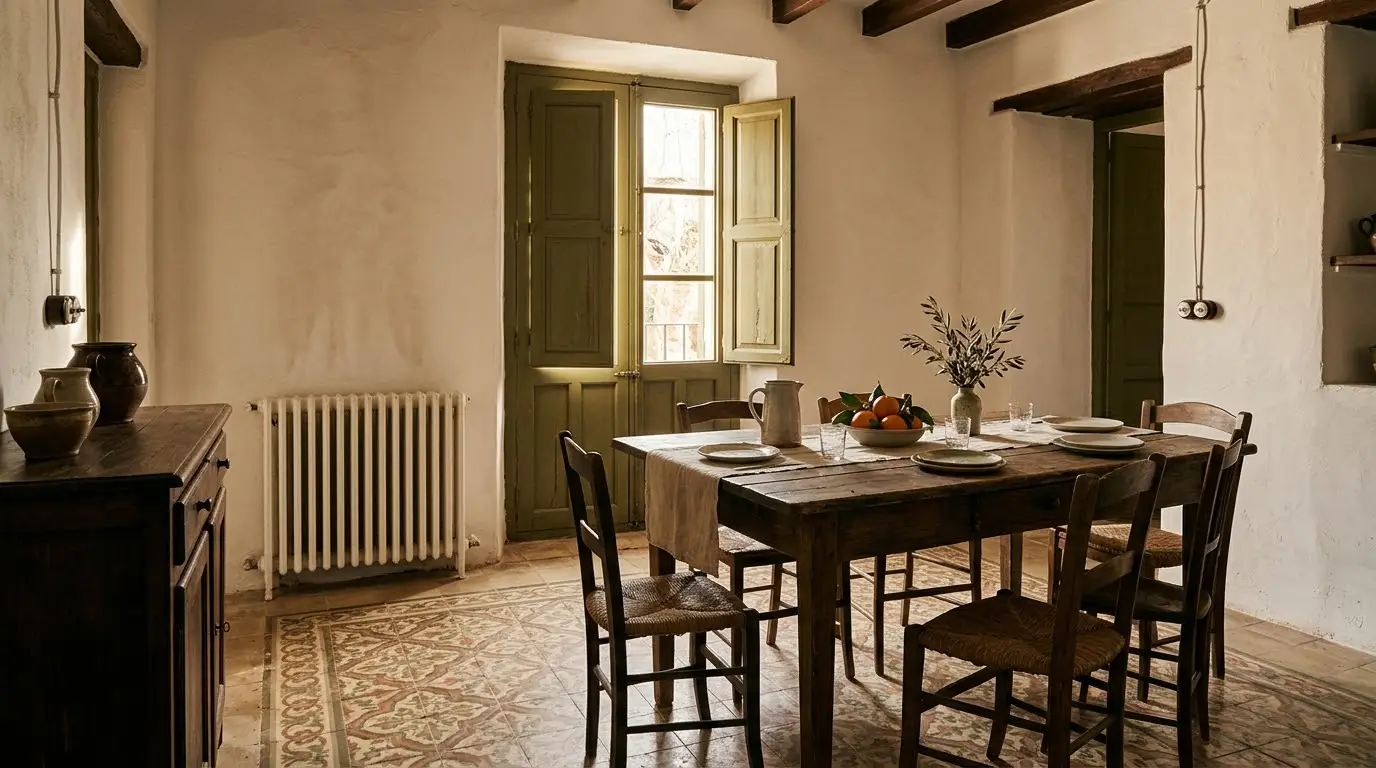 Comedor de una casa de pueblo con un radiador bajo la ventana