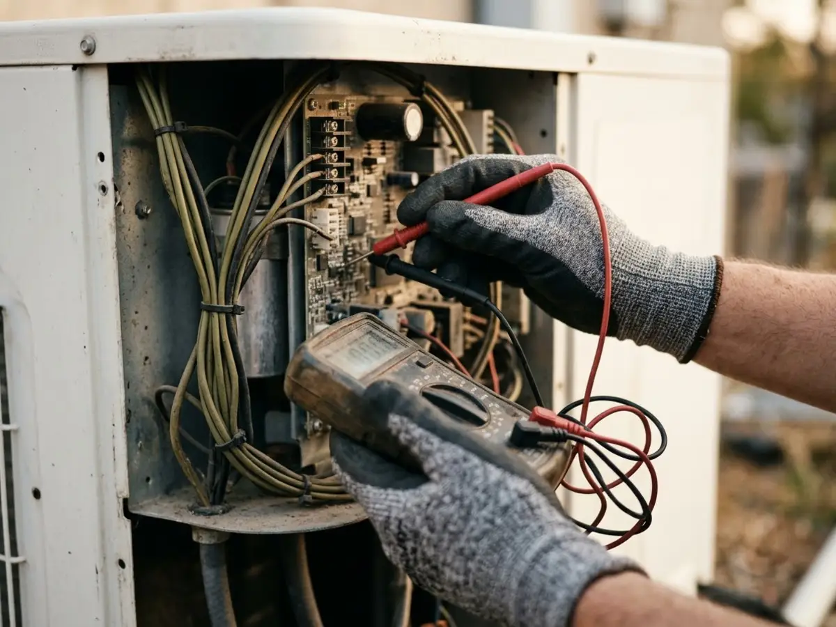 Técnico revisando la placa electrónica de una máquina exterior abierta