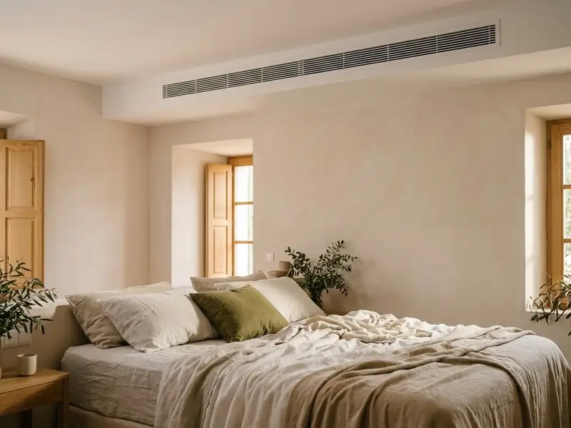 Rejilla de aire acondicionado por conductos en el techo de un dormitorio