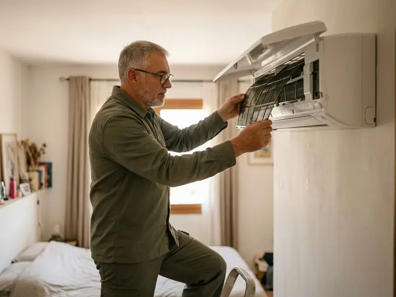 Técnico limpiando el filtro de un split en un dormitorio