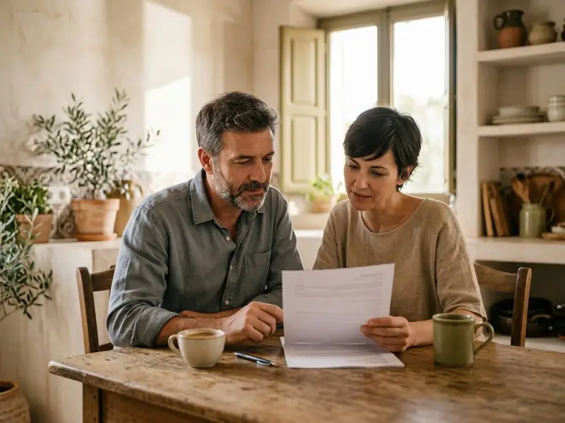 Pareja revisando un presupuesto en la mesa de la cocina