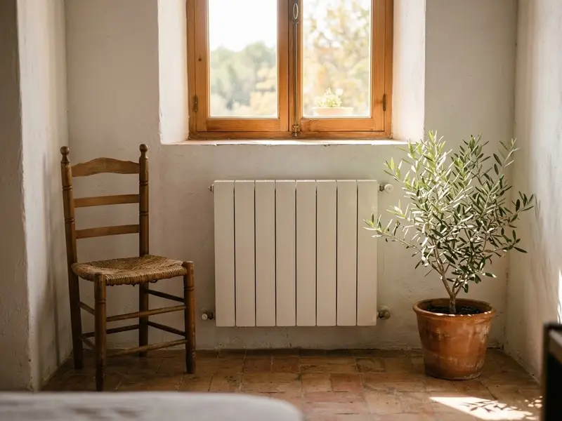 Radiador blanco bajo la ventana de un salón luminoso