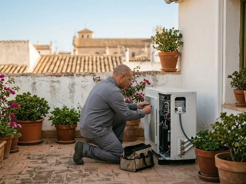 Técnico revisando la máquina exterior de un aire acondicionado en una terraza