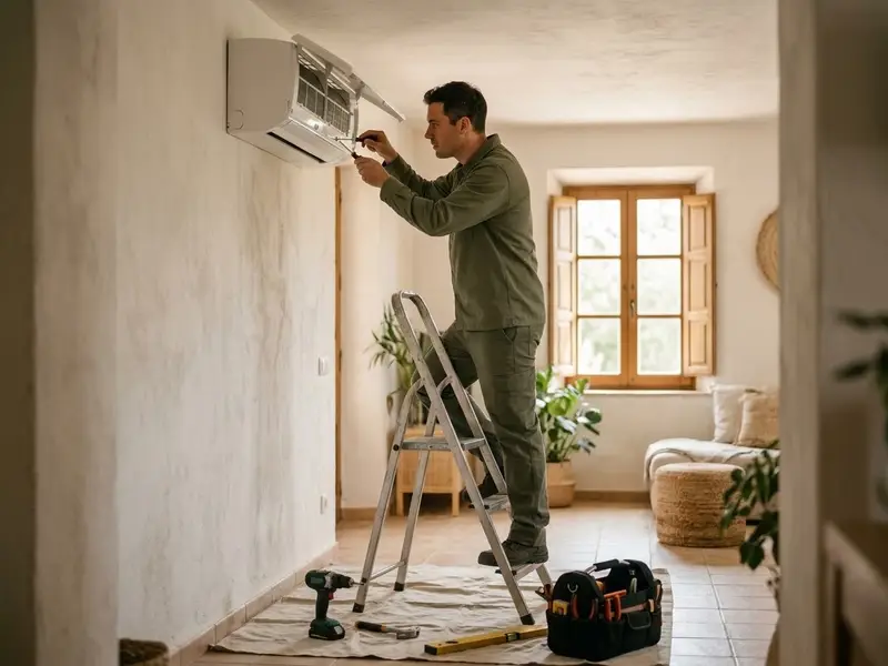 Técnico colocando un split en la pared de un salón