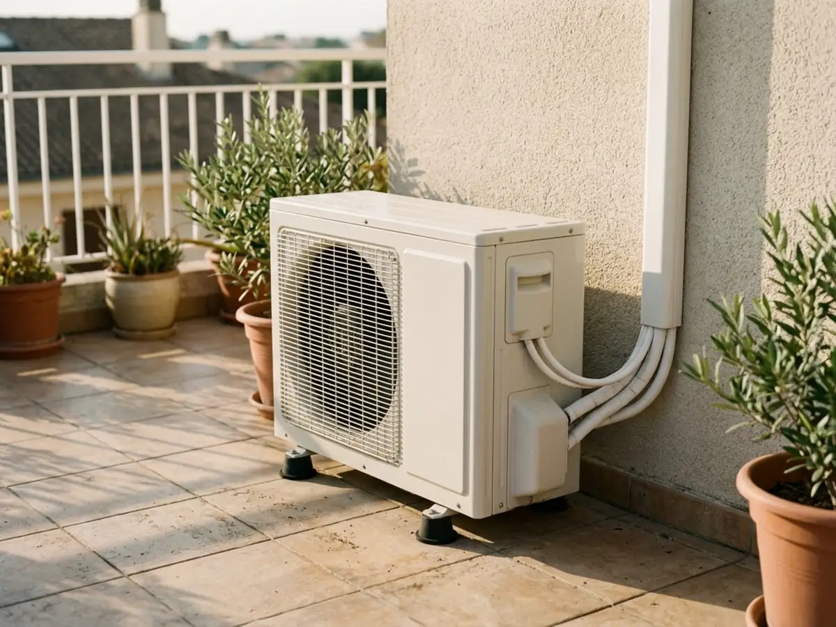 Máquina exterior de aire acondicionado en el suelo de una terraza con plantas