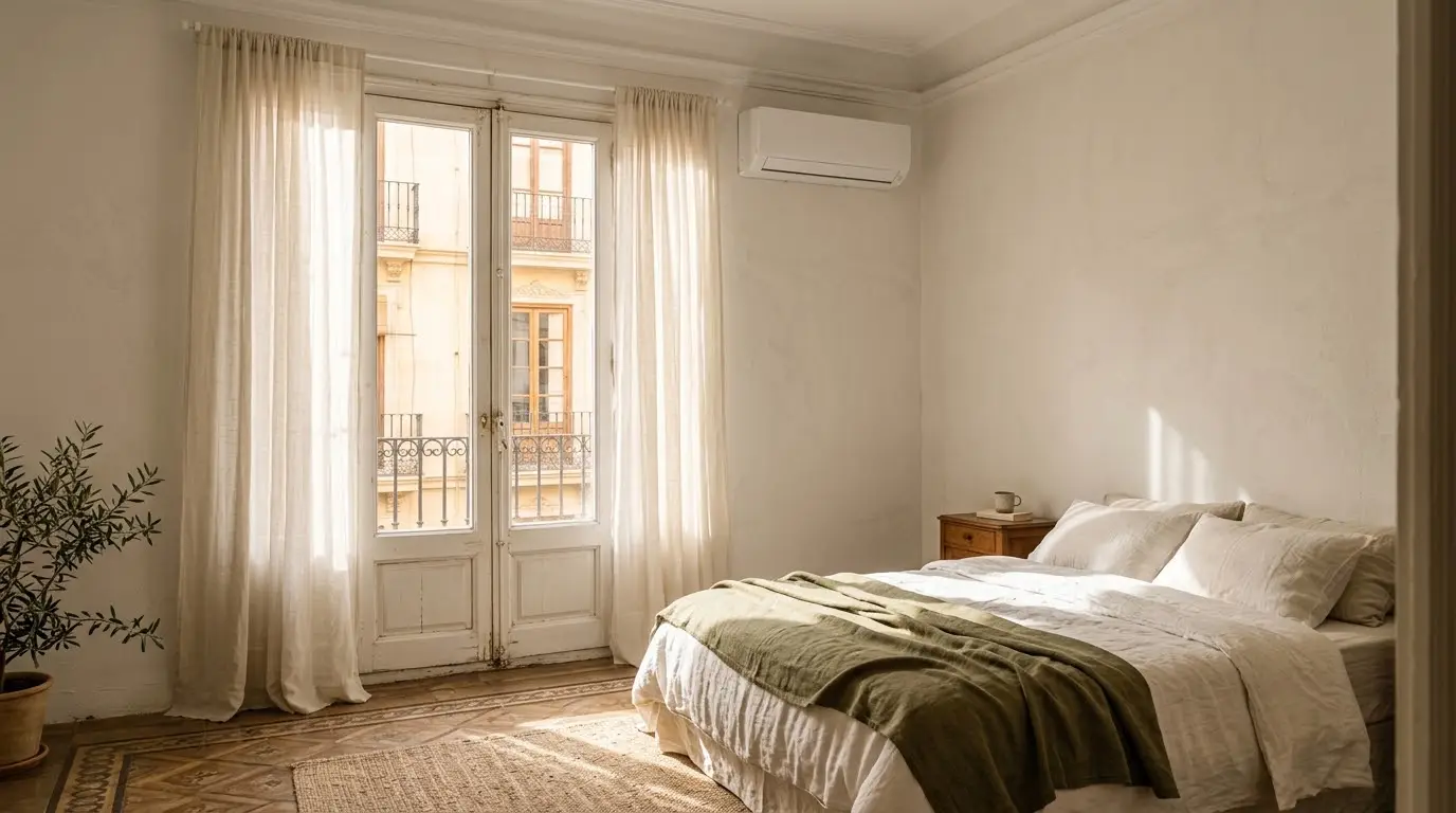 Dormitorio luminoso con un split blanco sobre la puerta del balcón
