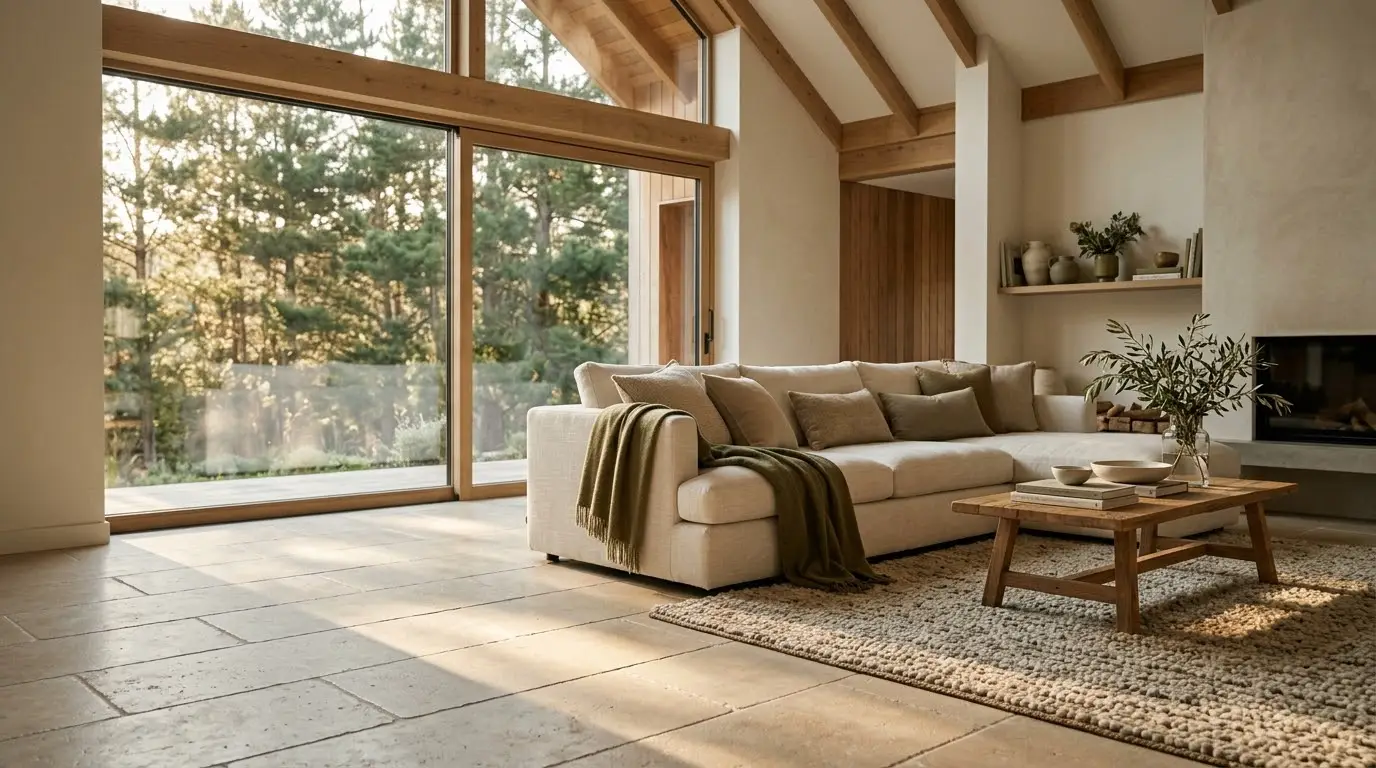 Salón amplio con suelo cerámico claro y luz de tarde en un chalet